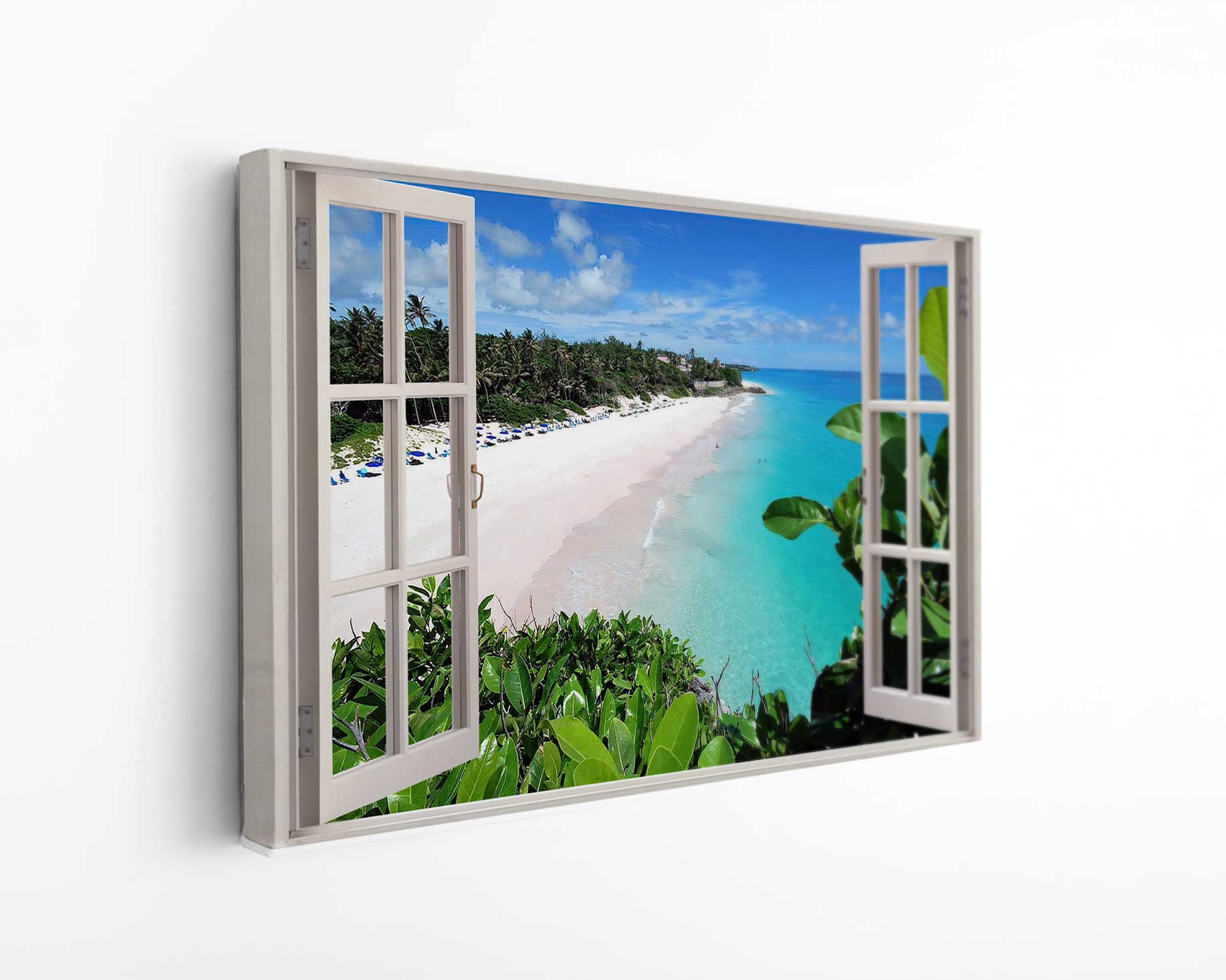 Exotic Beach Day View Open Window Canvas Print Wall Art