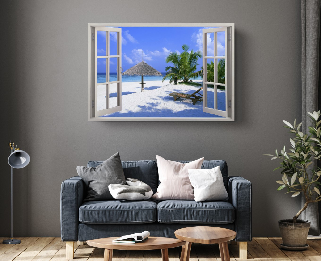 Exotic Beach View Open Window Canvas Print Wall Art