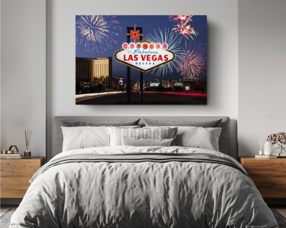 Las Vegas Welcome Sign with Fireworks City Canvas Print Wall Art